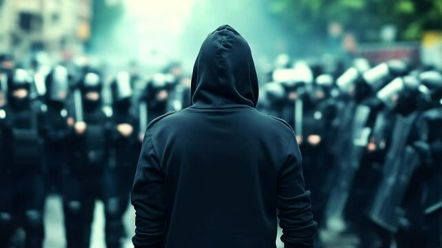 A protester in a black hoodie stands boldly facing a wall of riot police, their expression intense, as police hold batons and shields, illustrating the tension in modern social mov