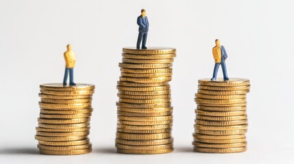 Miniature figures standing on stacks of coins representing wealth distribution and financial growth