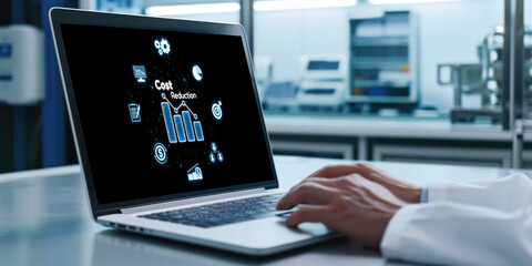 Cost reduction, cost saving concept shown on computer screen brisk, corporate business efficiently save cost and company resources by reduction of unnecessary expenses