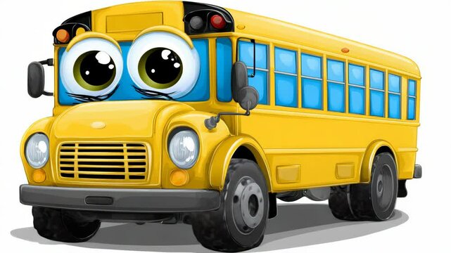 Cartoon-style illustration of a classic yellow school bus with large, expressive eyes and a friendly, cheerful appearance.