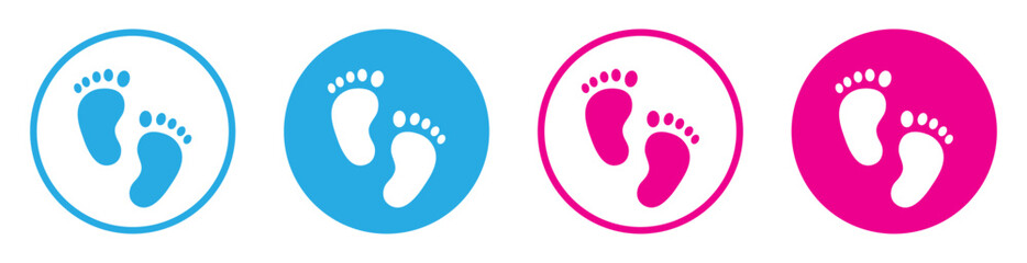 Set of baby footsteps icons in blue and pink color. Baby footsteps vector icons set isolated on white background. Outlie, circle and silhouette design. Vector illustration.