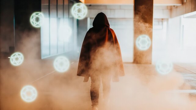 A mysterious hooded figure walks through fog in a modern, glowing environment with floating magical symbols.