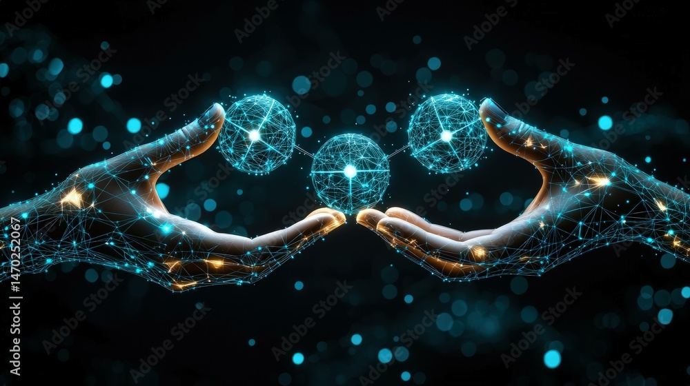 Poster hands hold digital network structure