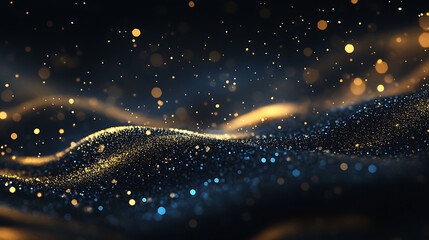 Obraz premium Realistic de-focused glitter background with flowing motion of golden dust trails and sapphire sparkles blending into deep shadows