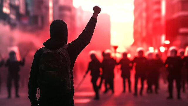 A protester raising a fist, standing face-to-face with riot police wielding batons, as the tension in the air becomes palpable, capturing the struggle for change.