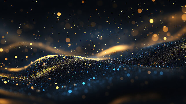 Realistic de-focused glitter background with flowing motion of golden dust trails and sapphire sparkles blending into deep shadows