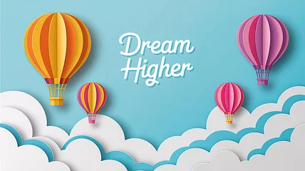 Beautiful fluffy clouds on blue sky background with colorful hot air balloons.Paper art