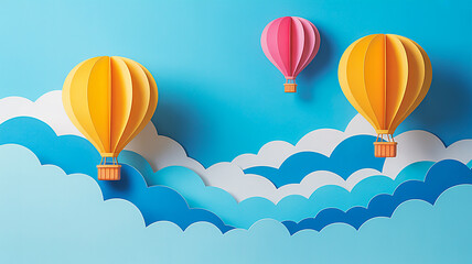 Fototapeta premium Beautiful fluffy clouds on blue sky background with colorful hot air balloons.Paper art