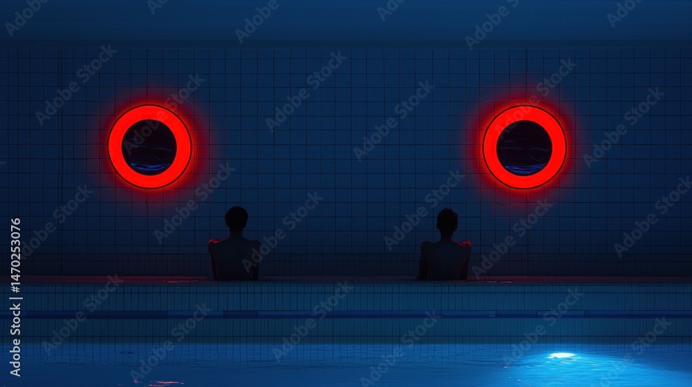 Poster two figures are in a pool under red circular lights