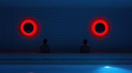Two figures are in a pool under red circular lights
