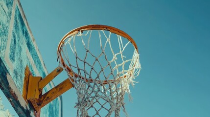 Worn basketball hoop against a clear sky.