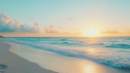 Obraz premium Seaside sunset with gentle waves, gradient sky, and distant clouds over sandy beach.