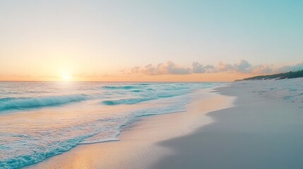 Obraz premium Seaside sunset with gentle waves, gradient sky, and distant clouds over sandy beach.