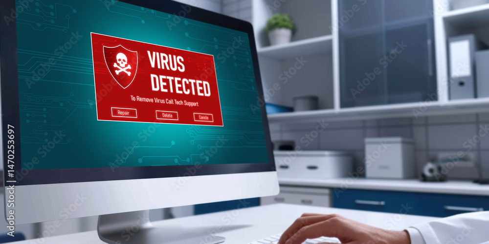 Poster virus warning alert on computer screen detected brisk cyber threat , hacker, computer virus and malw