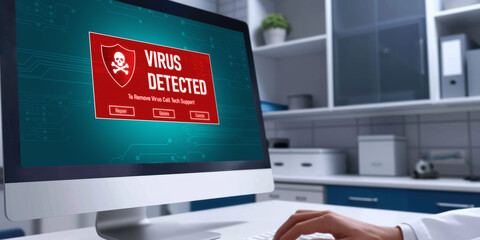 Virus warning alert on computer screen detected brisk cyber threat , hacker, computer virus and malware