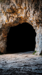 Mystical cave entrance with rugged stone walls and dark interior, inviting exploration and wonder