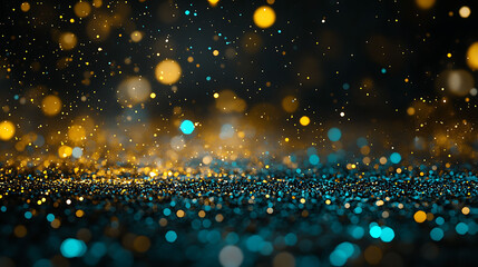 Stylized glitter dust floating in the air, with bright gold and neon blue particles fading into soft-focus black atmosphere