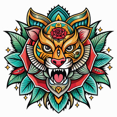Vibrant tiger head design framed by floral and leafy motifs