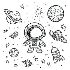 Cute Astronaut Doodle With Planets Rockets And Stars In Space Cartoon Style