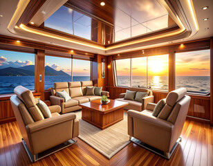 Luxurious yacht interior with modern leather seating, wooden finishes, and panoramic ocean views during sunset. A perfect blend of comfort, elegance, and marine lifestyle ambiance.