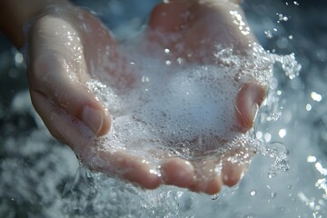 Fototapeta premium Hands gently cradle sparkling water, illuminated by soft light, evoking purity.