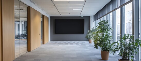 Modern Office Corridor with Large Blank Screen