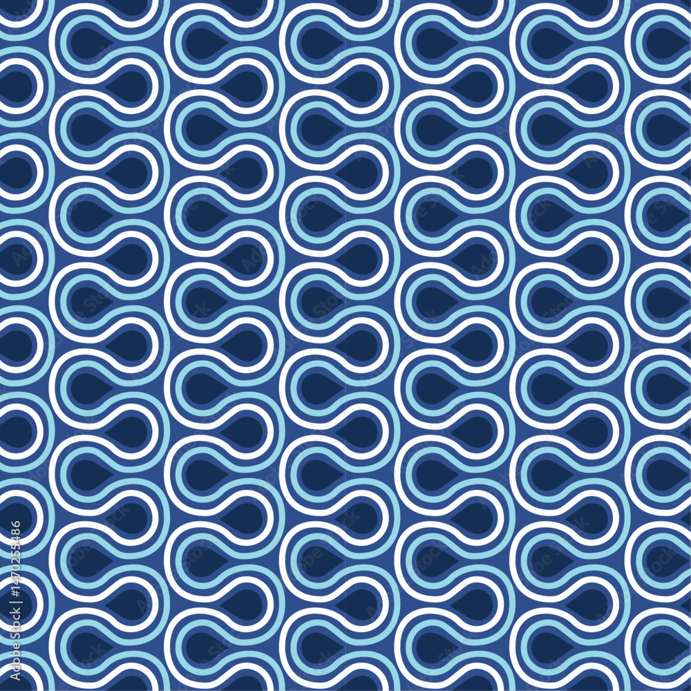 Poster Retro Water Drop Pattern. The droplets are teal and are surrounded by curved lines in light-blue and white. The background is blue, providing a clean contrast to the colorful elements.