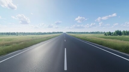 Fototapeta premium Straight asphalt road through green grasslands under sunny sky with distant trees.