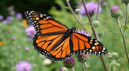 Fototapeta premium A monarch butterfly with orange and black wings rests on a purple flower in a green, blooming meadow.