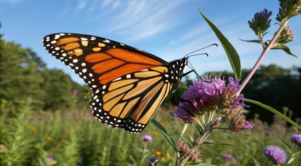 Obraz premium A monarch butterfly rests on a purple wildflower in a sunny meadow, surrounded by green plants and blue sky.