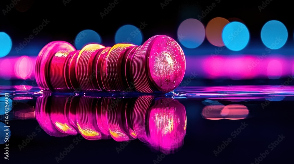 Poster pink and red cylindrical objects reflected on a dark surface
