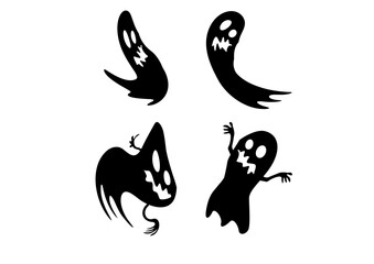 Vector Icons of Ghosts in Minimal Cartoon Style, Halloween-Themed Spooky and Funny Characters in Monochrome Design

