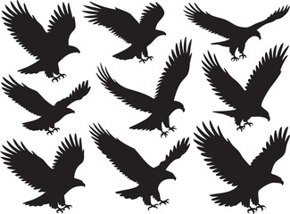 Obraz premium Eagle Silhouettes in Various Flight Poses for Wildlife Illustrations, Patriotic Designs, Birdwatching Guides, Logo Templates, Nature-Themed Art, or Freedom and Power Symbolism