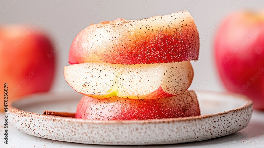 Poster sliced apples stacked atop a small plate with cinnamon dusting