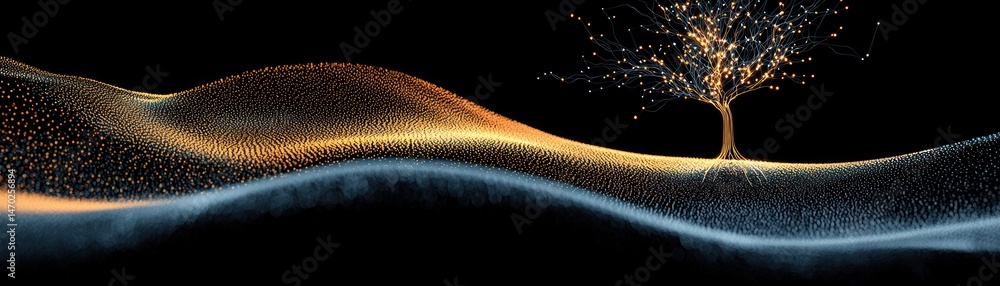 Poster An illuminated tree with root system and glowing wave particles