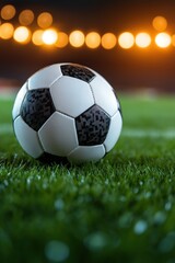 Fototapeta premium Soccer ball poised on a green field under stadium lights awaiting the start of an exciting match