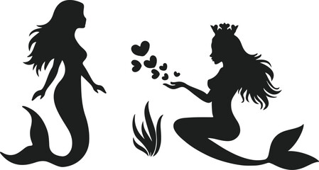 Silhouettes of two mermaids with flowing hair, one with crown and heart elements, underwater vector illustration for fantasy and ocean themes
