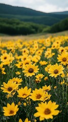 Obraz premium A field of bright yellow flowers with mountains in the background