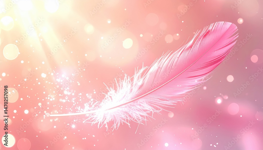 Poster delicate pink feather floating in soft light sparkling bokeh background ideal for feminine designs a