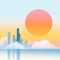 Vibrant sunrise over futuristic cityscapes floating in sky creates serene atmosphere