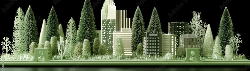 Poster a miniature green model depicting a cityscape with surrounding trees
