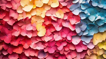 Obraz premium Wall covered with gradient-colored hydrangeas from red-pink to yellow-blue.