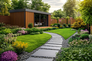 Obraz premium Beautiful garden with stone tiled path leading to garden room office