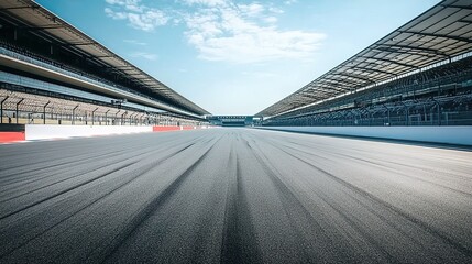 Empty racetrack with grandstands under partly cloudy sky.