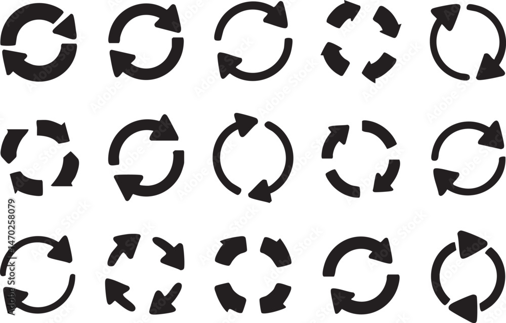 Poster collection of circular arrow silhouettes for web design, loop icons for user interface, refresh symb