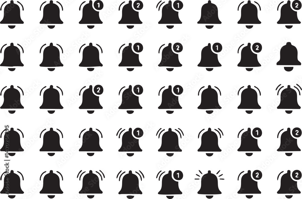 Poster multiple notification bell icons silhouette pattern, alert symbols for app ui, web design, reminders