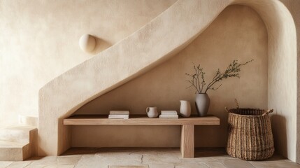 Mediterranean interior design featuring wooden cabinet, stucco wall, arched doorway, and staircase in modern entrance space
