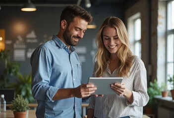 Business Man and Woman Collaborating While Looking at a Tablet