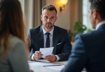 Professional Man and Woman in Business Attire Sitting at Table in Office