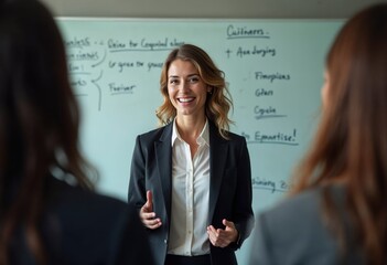 Businesswoman in Suit Communicating with Team at Office